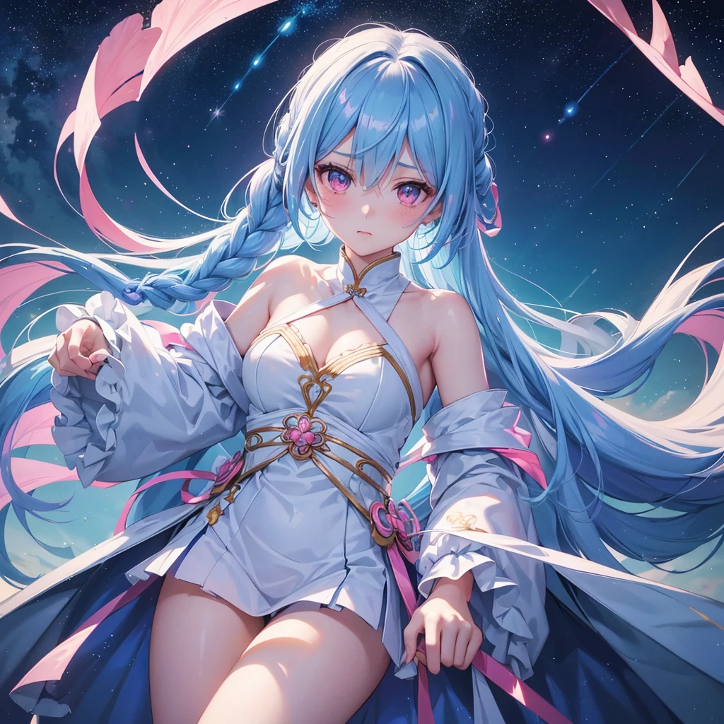 Sky blue hair, (One braided ponytail),(Pink Eyes),Fair skin ,(whole body),(One girl),The goddess,Orihime,(Sky Yue),Tanabata,(The Milky Way in the night sky),Hollow Eyes,Blushing,Straight bangs,(masterpiece, Highest quality, Very detailed, Best Shadow), (Detailed Background), (Beautifully detailed face), High Contrast, (Best lighting, Very delicate and beautiful), ((Cinematic Light)), colorful, Hyper Detail, Dramatic Light, Intricate details,