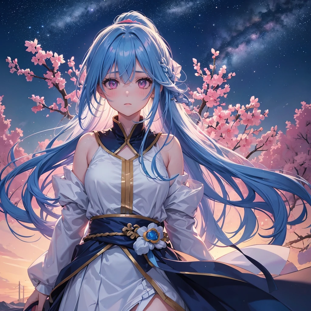 Sky blue hair, (One braided ponytail),(Pink Eyes),Fair skin ,(whole body),(One girl),The goddess,Orihime,(Sky Yue),Tanabata,(The Milky Way in the night sky),Hollow Eyes,Blushing,Straight bangs,(masterpiece, Highest quality, Very detailed, Best Shadow), (Detailed Background), (Beautifully detailed face), High Contrast, (Best lighting, Very delicate and beautiful), ((Cinematic Light)), colorful, Hyper Detail, Dramatic Light, Intricate details,
