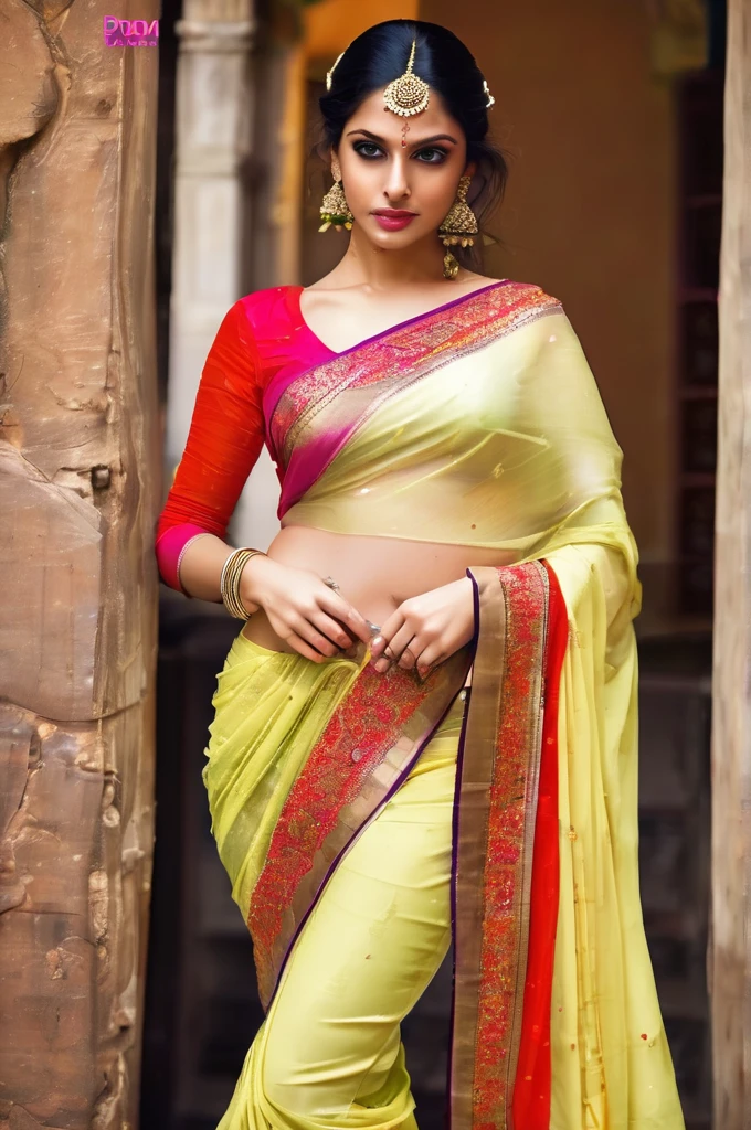Create an image of a beautiful women in saree having perfect body. She should be exposing her toned belly completely. Her navel should be big, round and deep.