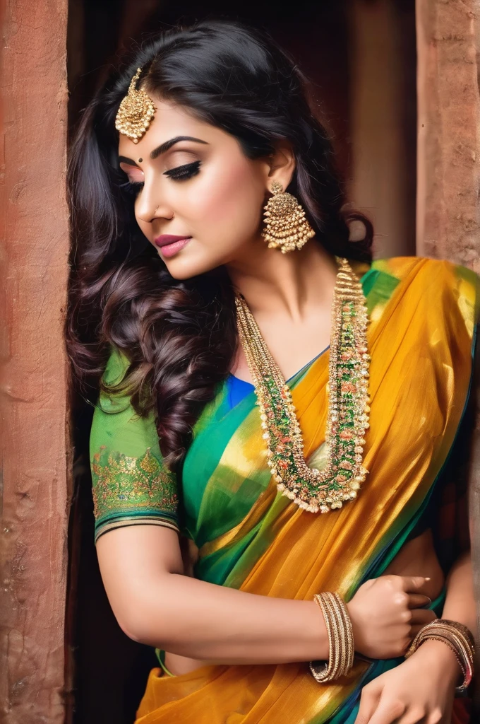 Create an image of a beautiful women in saree having perfect body. She should be exposing her toned belly completely. Her navel should be big, round and deep.