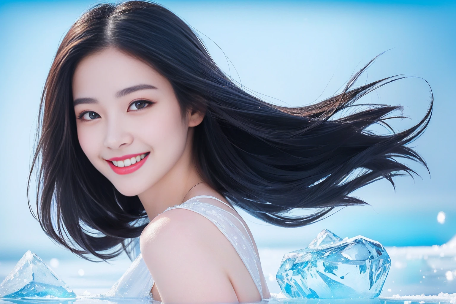 Highest quality masterpiece Smiling beautiful woman among the ice Photo style