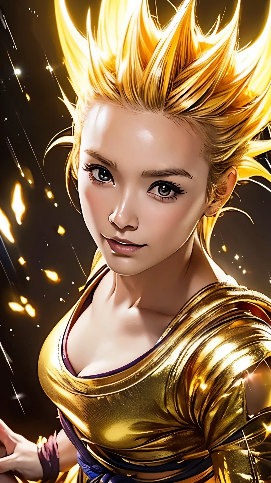 Super Saiyan Girl、masterpiece、high quality、High resolution、Realistic、Japanese、woman、cute、babyface、highly detailed beautiful face and eyes、young、White skin、Blonde、Spiky Hair、athletic、(((There is a golden aura)))、Son Goku's costume、torn clothes、filthy、fighting stance、whole body、Anatomically correct、The number of fingers is correct、wasteland