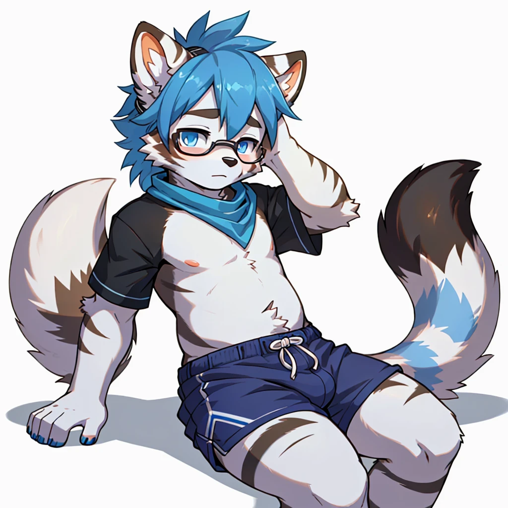 ((small)), ((small body)), (()), ((young boy)), ((Furry)), ((kemono)), ((raccoon)), ((male)), ((has a fur in shades of blue and white)). ((The body is covered primarily in a light blue)), ((big tail rings are a darker blue)). ((A deep, bright blue eyes)), ((Patterns: The chest and belly are pure white, with dark blue stripes that resemble the pattern of a zebra, but more subtle)). ((Ears: White with light blue tips)). ((Tail: The tail has alternating rings of light blue and dark blue)). ((Accessories: wears an orange bandana around his neck)), ((one subject)), ((1 character)), ((anime style)), ((simple white background)), ((dark orange shorts with white stripes)), ((sitting)), ((legs apart)), ((ashamed)), ((Femboy))