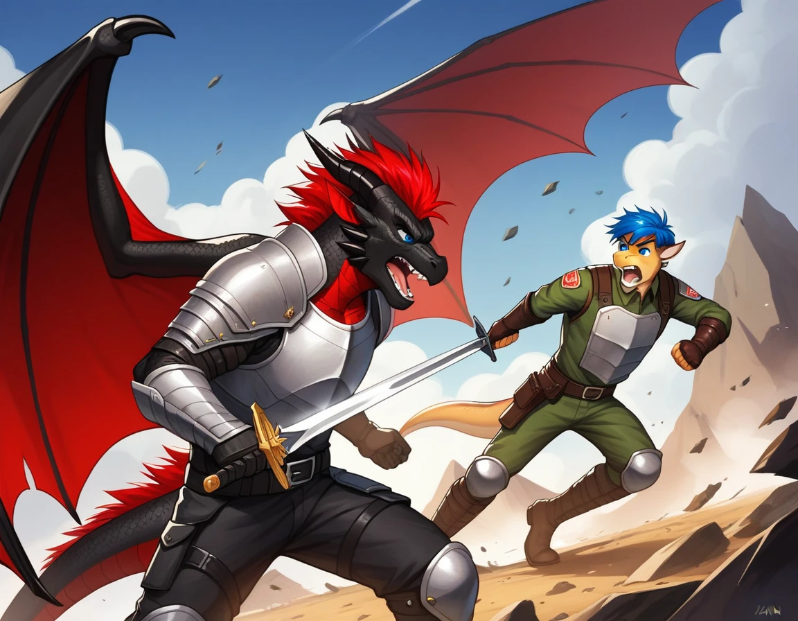 Score_9, score_8_up, score_7_up, source_cartoon, Anthro male, A black dragon, black dragon with red highlights on scales, black and red wings, blue eyes, short red hair, fighting Stannce, wearing knights armor, fighting, holding a sword, on a battlefield, many soldiers in the background, he is screaming, swinging a sword