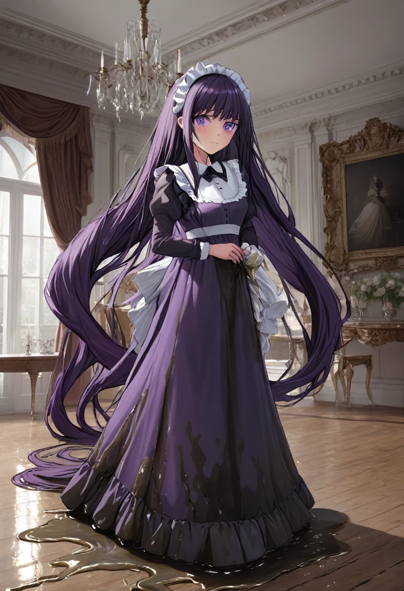 (masterpiece:1.37), best quality, (extremely detailed:1.37), woman, (very long hair:1.5), dark purple hair, purple eyes, (extremely detailed eyes:1.37), maid uniform, (long dress:1.5), desperation, (wetting self:2.0), standing, indoors, fantasy setting, manor, mansion