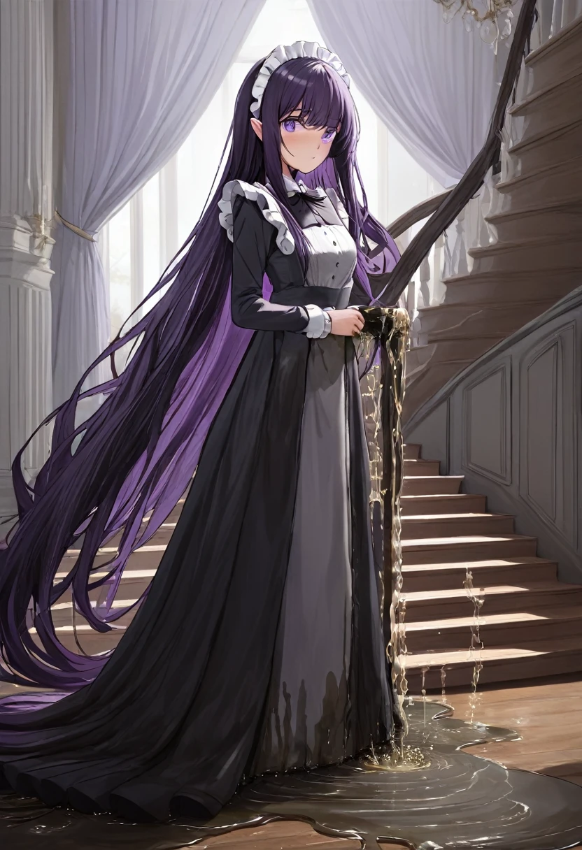 (masterpiece:1.37), best quality, (extremely detailed:1.37), woman, (very long hair:1.5), dark purple hair, purple eyes, (extremely detailed eyes:1.37), maid uniform, (long dress:1.5), desperation, (wetting self:2.0), standing, indoors, fantasy setting, manor, mansion