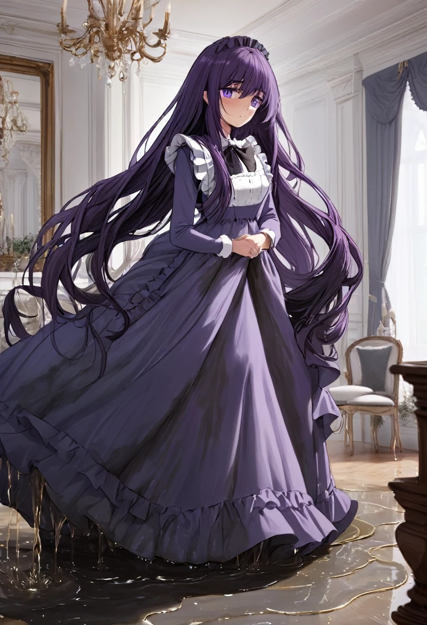 (masterpiece:1.37), best quality, (extremely detailed:1.37), woman, (very long hair:1.5), dark purple hair, purple eyes, (extremely detailed eyes:1.37), maid uniform, (long dress:1.5), desperation, (wetting self:2.0), standing, indoors, fantasy setting, manor, mansion