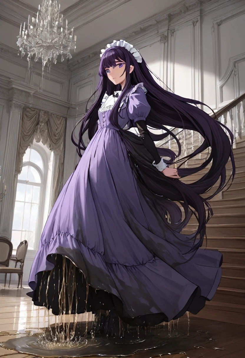 (masterpiece:1.37), best quality, (extremely detailed:1.37), woman, (very long hair:1.5), dark purple hair, purple eyes, (extremely detailed eyes:1.37), maid uniform, (long dress:1.5), desperation, (wetting self:2.0), standing, indoors, fantasy setting, manor, mansion