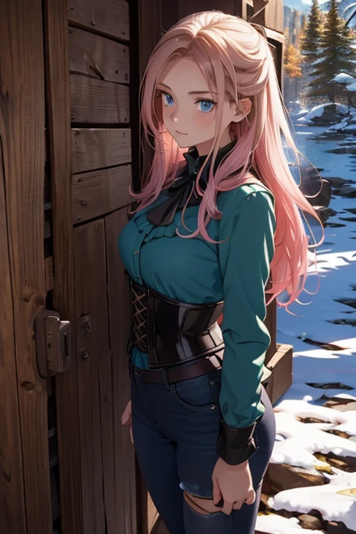 Illustration of a young, female teacher in an anime style. She has long, wavy blonde hair with pink highlights, wearing a light blue, ruffled blouse and a black corset over skinny tight jeans the color of a dark green. She is wearing black riding boots. Her expression is serious and slightly surprised. She has blue eyes and extends her hand forward holding a blue book with golden characters on the cover. The background shows a landscape transitioning from autumn to winter, with trees bearing both colorful autumn leaves and frosty branches, under a chilly, overcast sky.