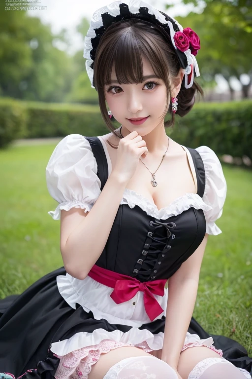 girl, White skin, ((Dark brown short tiered hair)),( V cut with layers and bangs), Brown eyes, Soft atmosphere characteristics (Highest quality, Ultra-high resolution, 8K, RAW Photos, Ultra-high resolution: 1.2, masterpiece: 1.3), (Realistic, Realistic: 1.37), Very detailed, Professional Lighting, Photon Mapping, Radio City, 物理ベースレンダring, One Girl, ((high school girl)), Sharp focus:1.2、Beautiful woman:1.4,cute, Nice, Adorable, smile, Normal chest, Cross Necklace、（Cleavage）((Gothic Lolita Fashion、Pink, black, red and white gothic lolita outfit:1.2))、Earrings,ring、Beautiful Skin、garden、grass、Sitting、Selfie、((Belly button))、