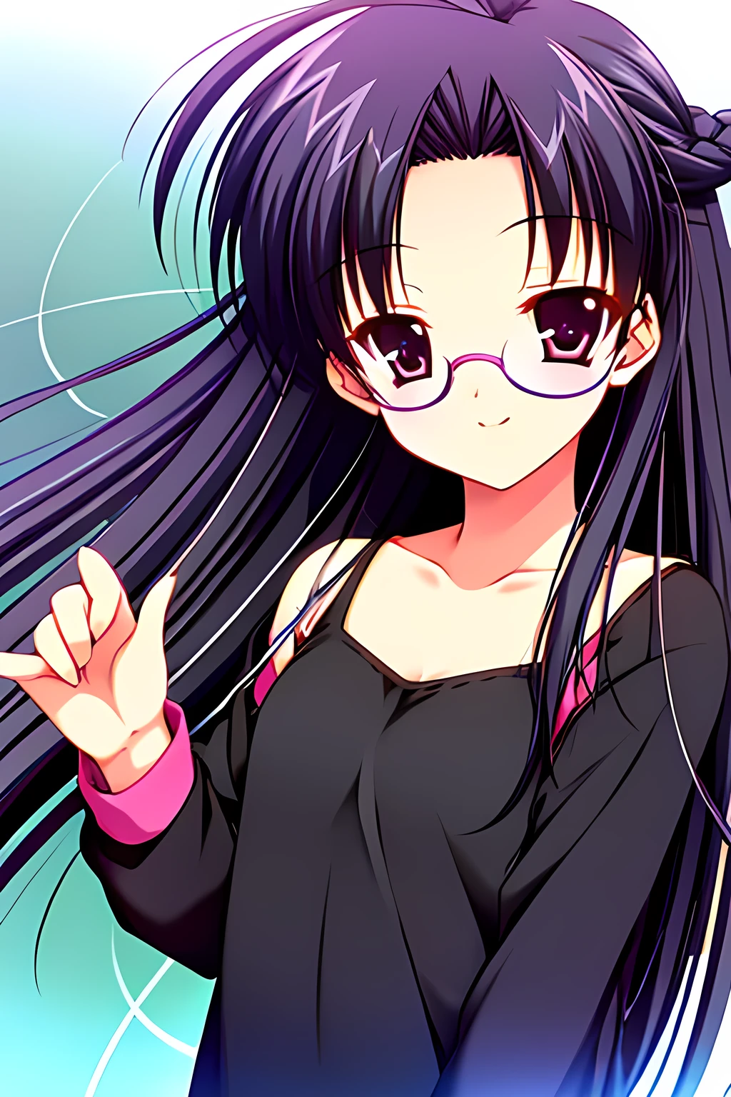 (masterpiece, high quality, best quality), 1girl, idol costume, dark blue hair, {glasses}, smile, upper body, {small bust}, long hair, ahoge, {pink eyes}