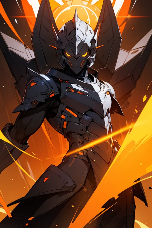 male super villain, The body is covered in black armor, composed of metal plates that cover the entire body, giving a robust and resistant appearance. The helmet is stylized, with an aggressive and angular appearance, with the top having two pointed ears. The eyes glow brightly with an orange light. The armor is predominantly black, with bright orange accents that indicate energy. There are bright orange light bands on the shoulder pads, arms and around the neck, that appear to be made of an energetic substance or a type of plasma. Armor plates have a complex design, with multiple joints and details that give an advanced technological appearance. skills related to nuclear energy or fire.
