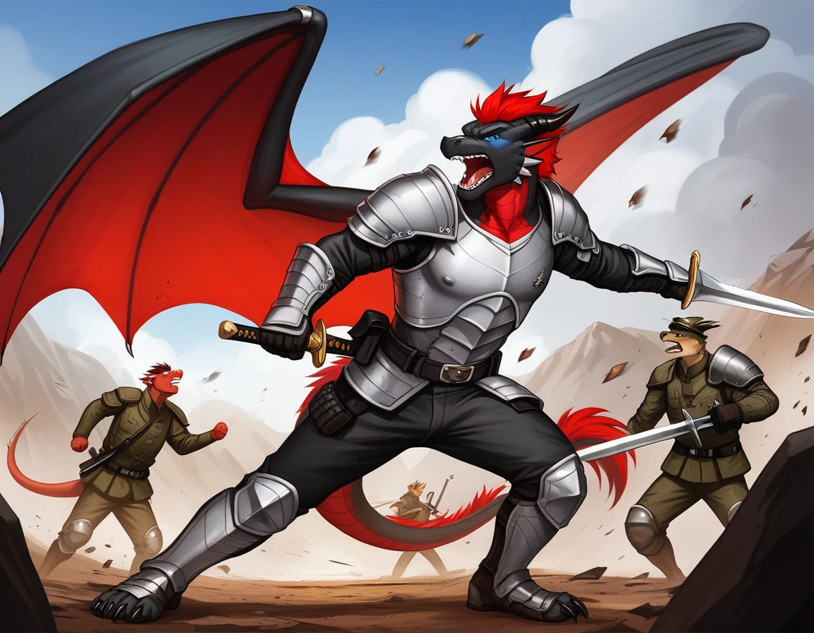 Score_9, score_8_up, score_7_up, source_cartoon, Anthro male, A black dragon, black dragon with red highlights on scales, black and red wings, blue eyes, short red hair, fighting Stannce, wearing knights armor, fighting, holding a sword, on a battlefield, many soldiers in the background, he is screaming, swinging a sword, an army in the background 
