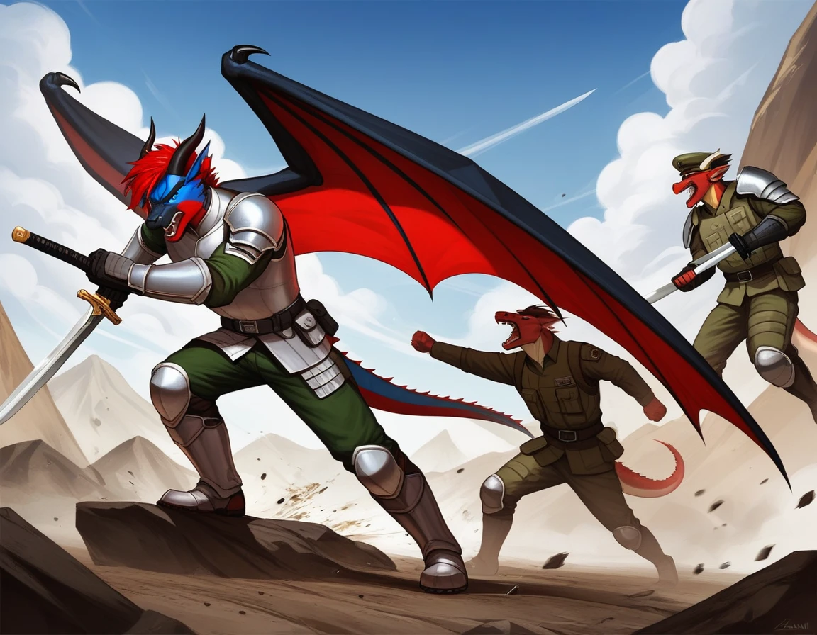 Score_9, score_8_up, score_7_up, source_cartoon, Anthro male, A black dragon, black dragon with red highlights on scales, black and red wings, blue eyes, short red hair, fighting Stannce, wearing knights armor, fighting, holding a sword, on a battlefield, many soldiers in the background, he is screaming, swinging a sword, an army in the background