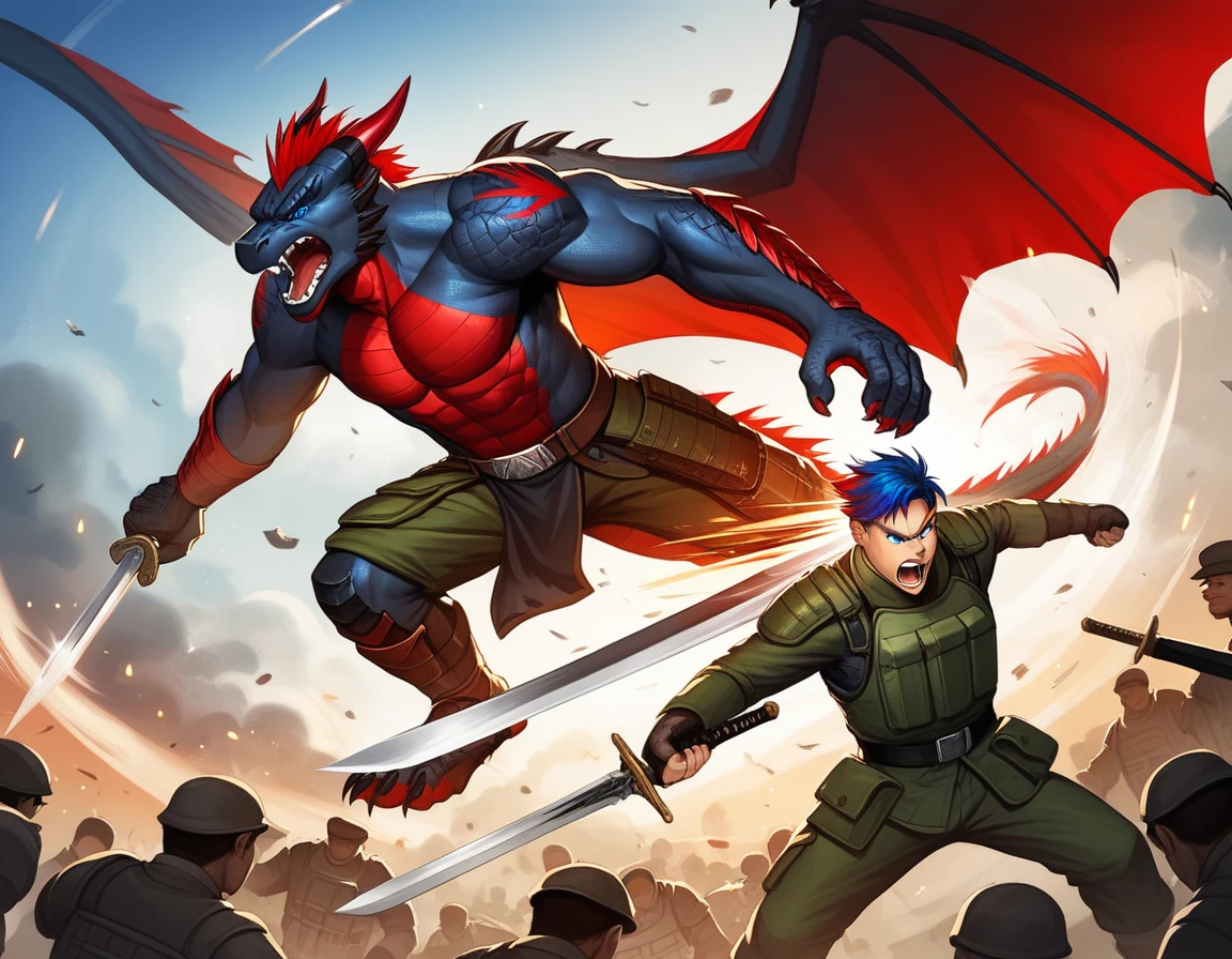 Score_9, score_8_up, score_7_up, source_cartoon, Anthro male, A black dragon, black dragon with red highlights on scales, black and red wings, blue eyes, short red hair, fighting Stannce, wearing knights armor, fighting, holding a sword, on a battlefield, many soldiers in the background, he is screaming, swinging a sword, an army in the background