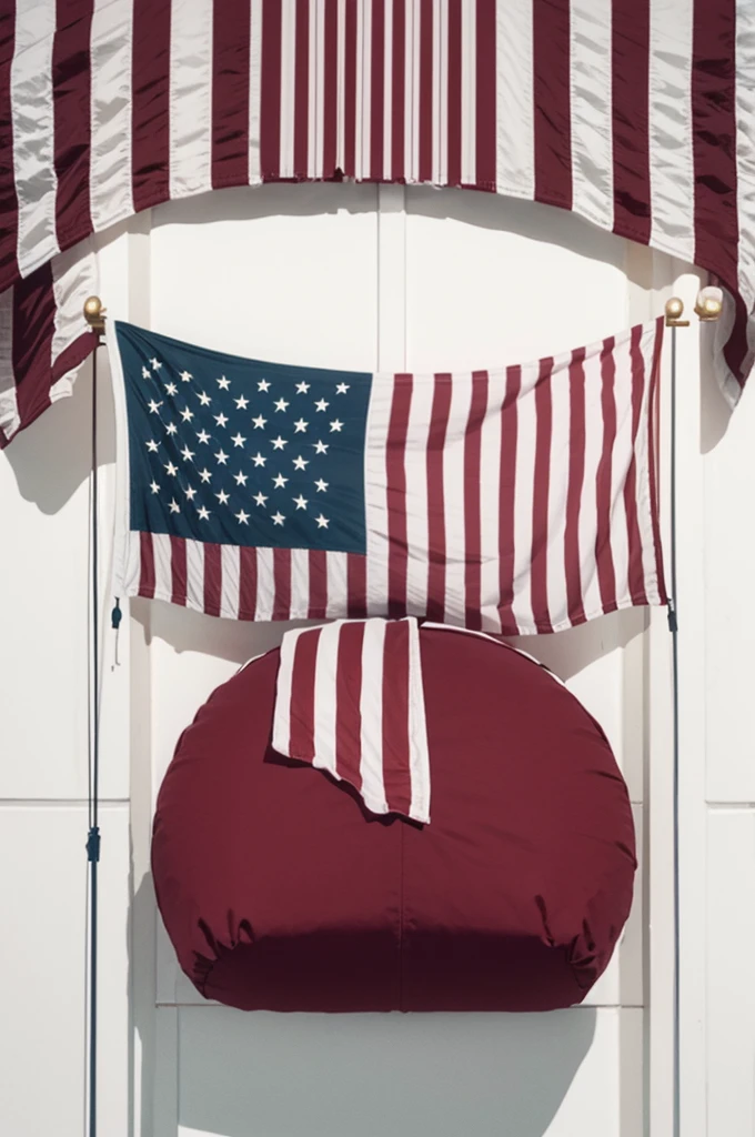 a rectangular flag, with horizontal stripes, in wine colors, White and green, with a three-pointed shield in the center of the flag