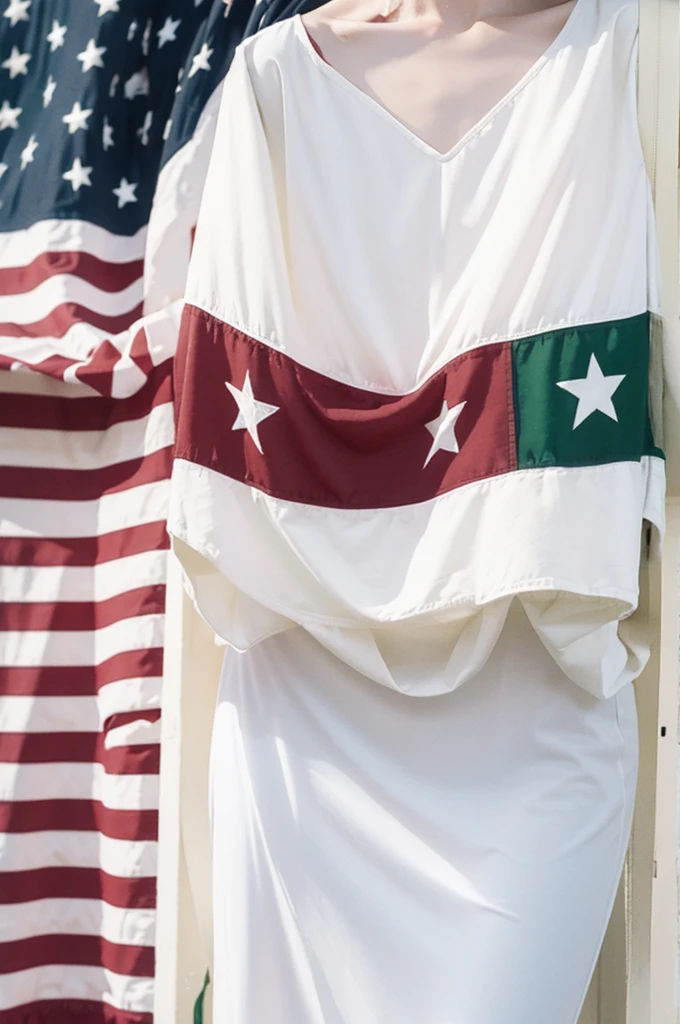 a rectangular flag, with horizontal stripes, in wine colors, White and green, with a three-pointed shield in the center of the flag