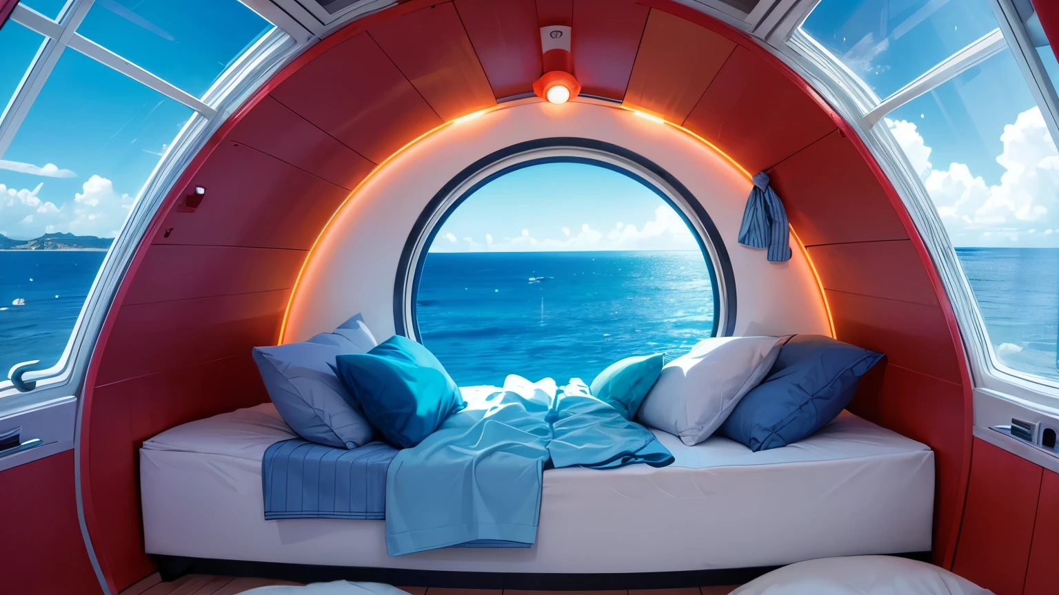 Inside the round capsule in the sea is a bed with neon lights. The bed is wrapped in comfortable pillows and soft blankets, providing a good night's sleep. Beautiful views of the sea are projected inside the capsule, and you can hear the calming sounds of the waves. This bed is perfect for people who want to relax and rest