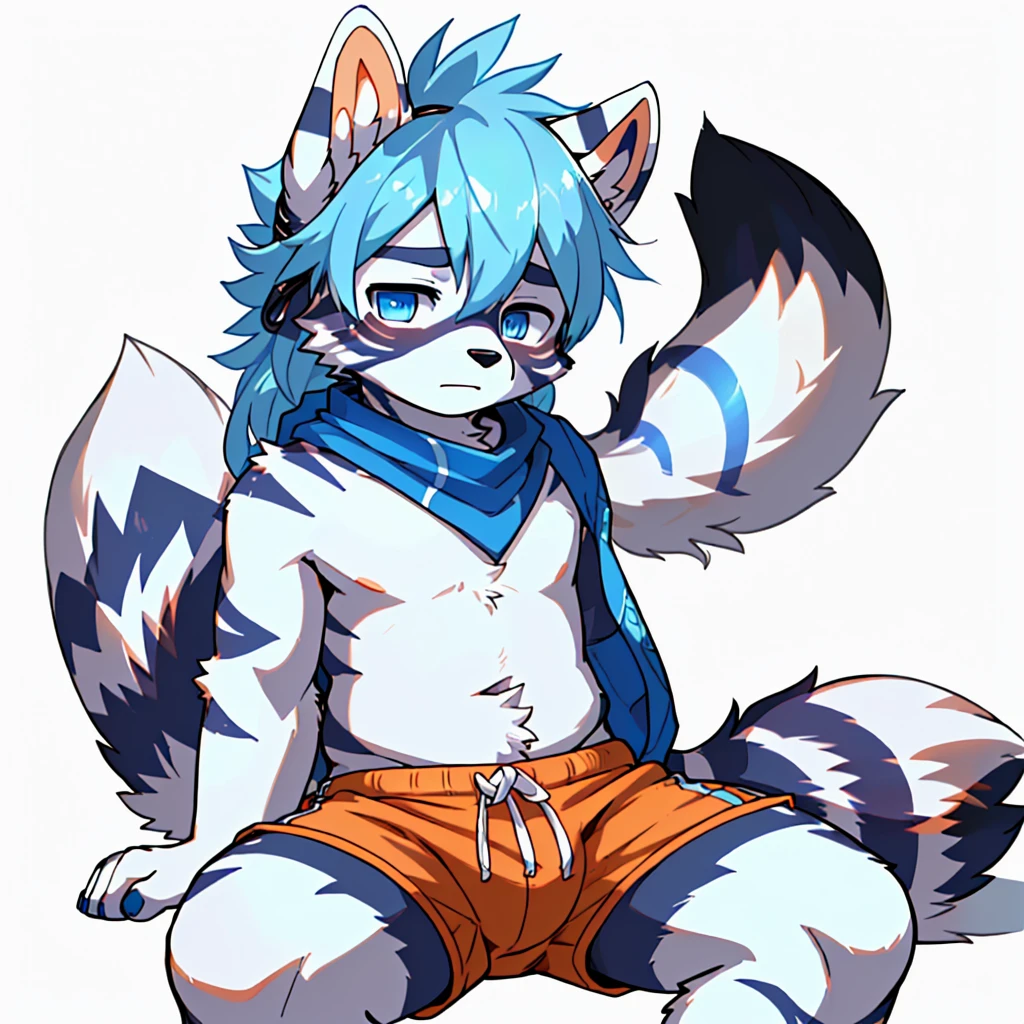 ((small)), ((small body)), ((10 years old)), ((young boy)), ((Furry)), ((kemono)), ((raccoon)), ((male)), ((has a fur in shades of blue and white)). ((The body is covered primarily in a light blue)), ((big tail rings are a darker blue)). ((A deep, bright blue eyes)), ((Patterns: The chest and belly are pure white, with dark blue stripes that resemble the pattern of a zebra, but more subtle)). ((Ears: White with light blue tips)). ((Tail: The tail has alternating rings of light blue and dark blue)). ((Accessories: wears an orange bandana around his neck)), ((one subject)), ((1 character)), ((anime style)), ((simple white background)), ((dark orange shorts with white stripes)), ((sitting)), ((legs apart)), ((ashamed))
