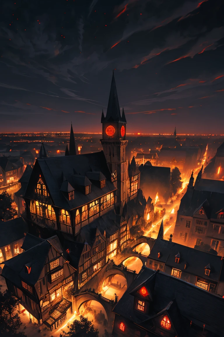 old European village shot with bird view, (Red glowing eyes), masterpiece, Depth of written boundary, Lutz, Gwaites style artwork, Gothic aesthetics, Dark Vampire village, ((in the dark gothic style cathle:1)), ((dark mid-night time:1.5)),