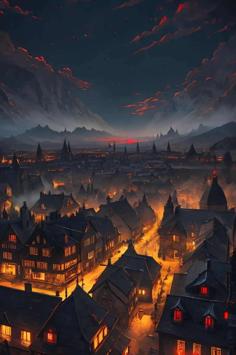 old European village shot with bird view, (Red glowing eyes), masterpiece, Depth of written boundary, Lutz, Gwaites style artwork, Gothic aesthetics, Dark Vampire village, ((in the dark gothic style cathle:1)), ((dark mid-night time:1.5)),