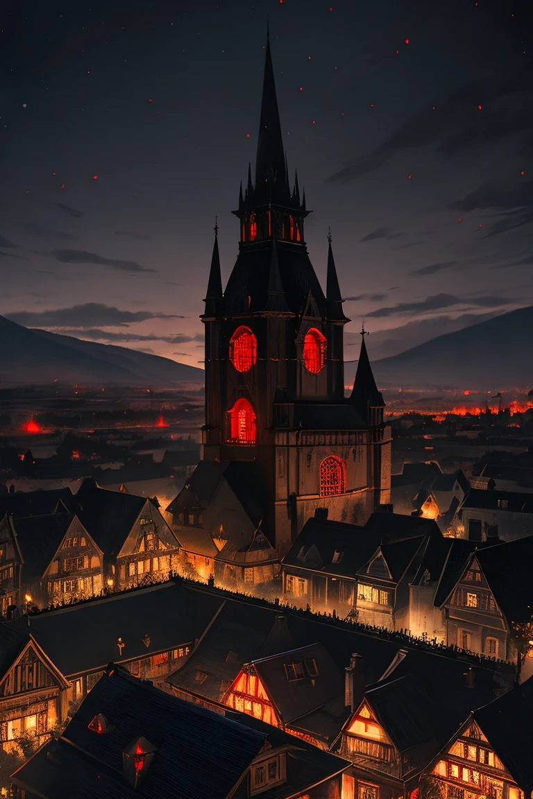 old European village shot with bird view, (Red glowing eyes), masterpiece, Depth of written boundary, Lutz, Gwaites style artwork, Gothic aesthetics, Dark Vampire village, ((in the dark gothic style cathle:1)), ((dark mid-night time:1.5)),