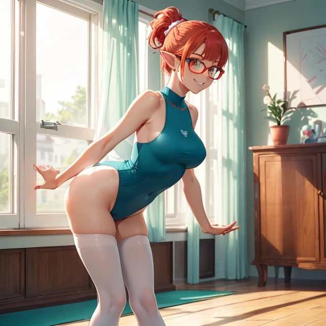 (best high quality image, very detailed clean image, carefully detailed image, carefully detailed character, solo alone character, no deformities in background and character, full character view and design)
{{(1woman 50 years old milf elf citizen), (crimson red hair tied in a ponytail with a pale white beautiful ribbon, fair skin, light blue green eyes, thin lips, medium big breasts, big butt, beautiful legs, short pointed ears with tiny orange gems, happy smile, joy (standing doing fitness stretching exercises)), ((dark blue square glasses), (white white one-piece leotard, pink sport shoes, light green socks)), (viking styled modern living room, orange wooden floor, sunny morning through the windows)}}