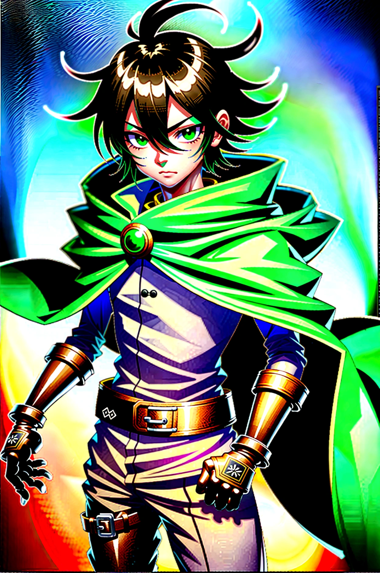 yuichiro hyakuya, (WithoutFear:1), 1 boy, black hair, green eyes, brown coat, gray armor, green shield, green cloak, dark brown gloves, town, fur trim, anime, standing, good quality, portrait, looking at viewer