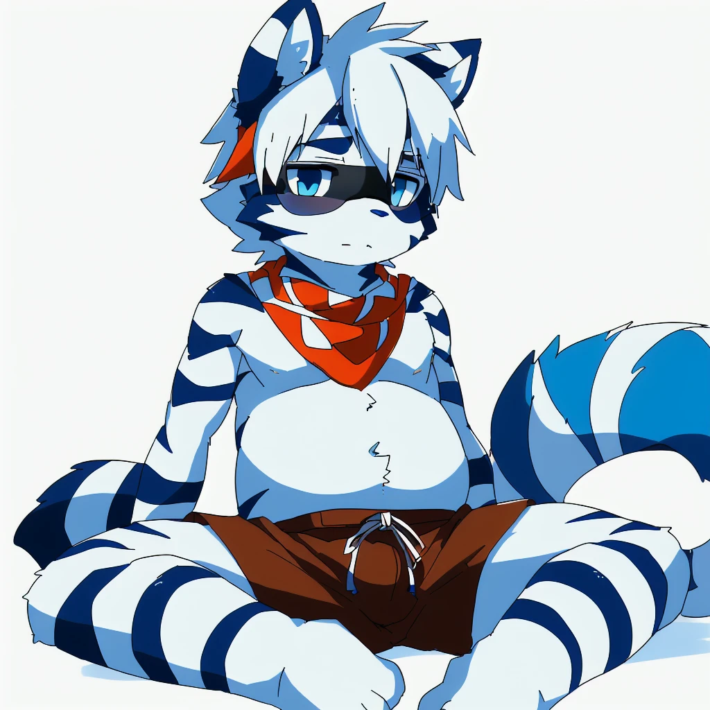 ((small)), ((small body)), ((10 years old)), ((young boy)), ((Furry)), ((kemono)), ((raccoon)), ((male)), ((has a fur in shades of blue and white)). ((The body is covered primarily in a light blue)), ((big tail rings are a darker blue)). ((A deep, bright blue eyes)), ((Patterns: The chest and belly are pure white, with dark blue stripes that resemble the pattern of a zebra, but more subtle)). ((Ears: White with light blue tips)). ((Tail: The tail has alternating rings of light blue and dark blue)). ((Accessories: wears an orange bandana around his neck)), ((one subject)), ((1 character)), ((anime style)), ((simple white background)), ((dark orange shorts with white stripes)), ((sitting)), ((legs apart)), ((ashamed))