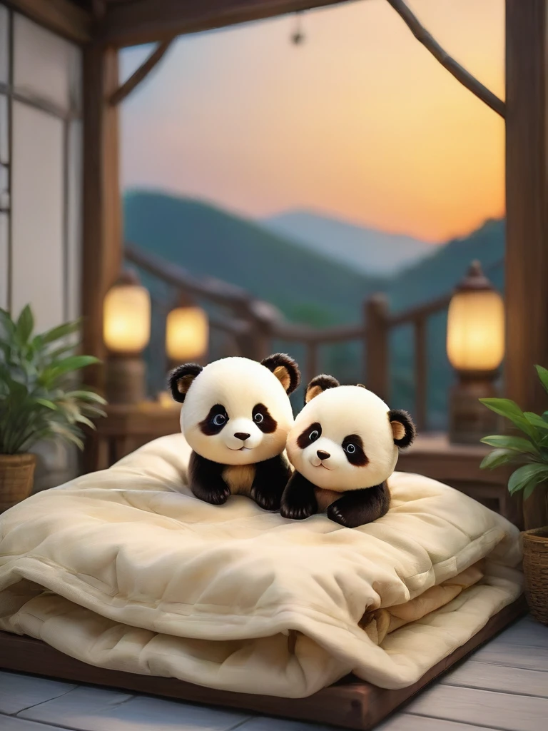 With the sunset in the background,(masterpiece:1.2, high quality), Several  pandas sleeping together in bed、