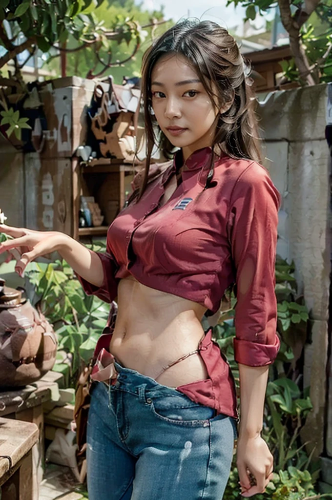 A highly realistic AI model, personified as a young woman with Asian features,Smooth, flawless skin with a touch of light makeup,out side having fun,average feminine body with small but cute curves,showing a very cute smile on her face,looking relaxed and happy ,her posture relaxed and carefree,weraing a beautiful black jeans with a red shirt,photorealistic,perfect hands and fingers,lee so jin