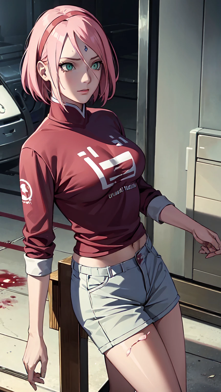 masterpiece, Breathtakingly Realistic, best quality, Sharpness,1 girl,(closeup:1),half body,only upperbody,Sign on the forehead,Zombie game,blood on the face,blood on clothes,Blood on the body,broken clothes,Damaged clothing,White damaged shirt,zerrissene Cargo-Shorts,Standing in a destroyed city,Battlefield,,sakura haruno,pinkies Hair,green eyes,red hair ribbon,medium large breasts,Zombie game,(blood on shirt:1)