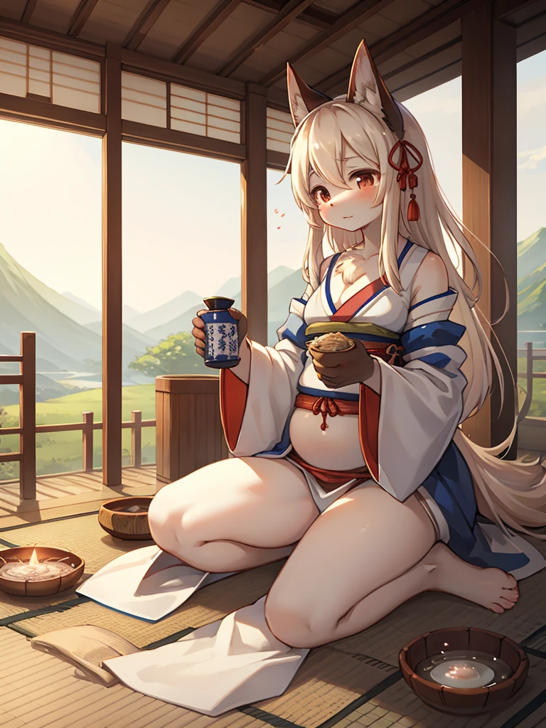 Fertility Goddess , Disheveled Japanese simple clothes , Original Japanese Landscape , making Kuchikami sake