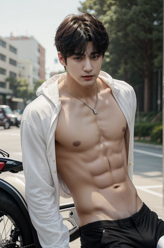 a close up of a person, he stood next to a bigbike motorcycler, bigbike, outsite, topless, shirtless, show sixpack, he wearing white jockstrap or thong underwear, jungkook, hyung tae, very attractive and beautiful, taehyung eating gucci fries, cai xukun, handsome and attractive, attractive and good looking, cant believe it is real, black haired yoongi, official photos, young wan angel, he is about 2 0 years old, he is about 20 years old