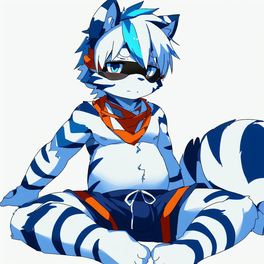 ((small)), ((small body)), ((10 years old)), ((young boy)), ((Furry)), ((kemono)), ((raccoon)), ((male)), ((has a fur in shades of blue and white)). ((The body is covered primarily in a light blue)), ((big tail rings are a darker blue)). ((A deep, bright blue eyes)), ((Patterns: The chest and belly are pure white, with dark blue stripes that resemble the pattern of a zebra, but more subtle)). ((Ears: White with light blue tips)). ((Tail: The tail has alternating rings of light blue and dark blue)). ((Accessories: wears an orange bandana around his neck)), ((one subject)), ((1 character)), ((anime style)), ((simple white background)), ((dark orange shorts with white stripes)), ((sitting)), ((legs apart)), ((ashamed))