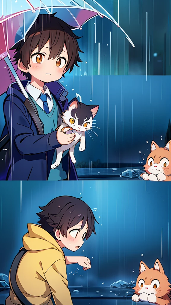 anime boy with umbrella and cat in rain, makoto shinkai cyril rolando, artwork in the style of guweiz, cute anime, raining!, anime picture, loish and goro fujita, raining!!, anime visual of a cute cat, by Kubisi art, in the rain, in anime style, by Yuumei