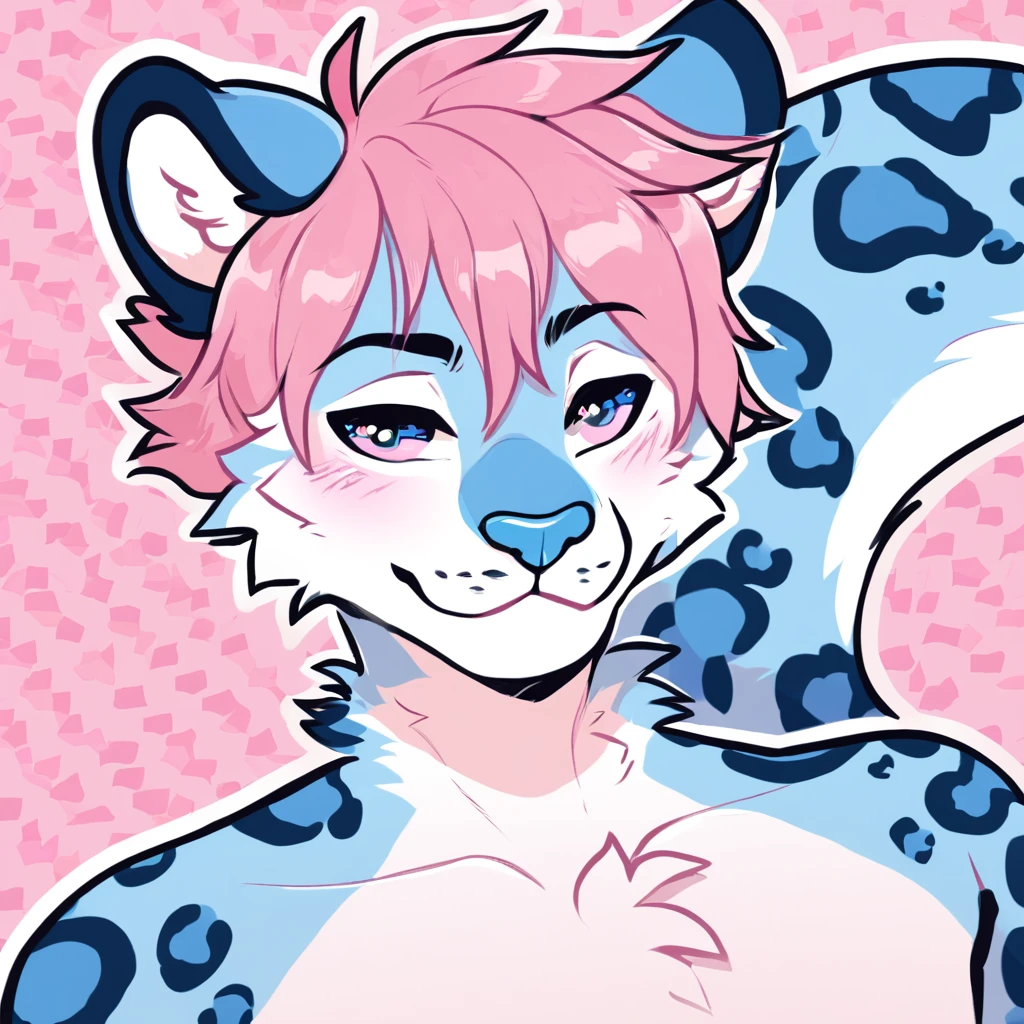 adult, feline, mammal, anthro, anthropomorphic, snow_leopard, striped, fur, striped_feline, fur, furred_anthro, femboy, male, light_pink, fluffy, long_tail, blue_nose, expressive eyes, feline_ears, pink_hair, blue_fur, light_blue_chest, shy, small_pupils, spotted_pattern, stripes, digital_art, high_resolution, high_res, hand-drawn, pencil_lines, head_visible, background, neck_visible, seductive_face, pink_galaxy_background, white_outline, detailed_line_work, profile_picture, head_visible