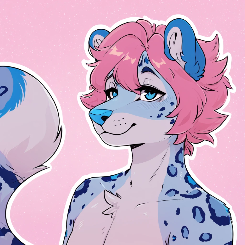 adult, feline, mammal, anthro, anthropomorphic, snow_leopard, striped, fur, striped_feline, fur, furred_anthro, femboy, male, light_pink, fluffy, long_tail, blue_nose, expressive eyes, feline_ears, pink_hair, blue_fur, light_blue_chest, shy, small_pupils, spotted_pattern, stripes, digital_art, high_resolution, high_res, hand-drawn, pencil_lines, head_visible, background, neck_visible, seductive_face, pink_galaxy_background, white_outline, detailed_line_work, profile_picture, head_visible