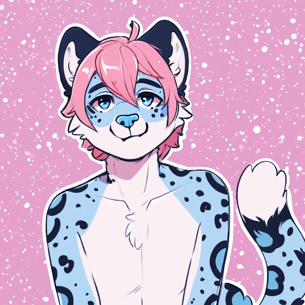 adult, feline, mammal, anthro, anthropomorphic, snow_leopard, striped, fur, striped_feline, fur, furred_anthro, femboy, male, light_pink, fluffy, long_tail, blue_nose, expressive eyes, feline_ears, pink_hair, blue_fur, light_blue_chest, shy, small_pupils, spotted_pattern, stripes, digital_art, high_resolution, high_res, hand-drawn, pencil_lines, head_visible, background, neck_visible, seductive_face, pink_galaxy_background, white_outline, detailed_line_work, profile_picture, head_visible