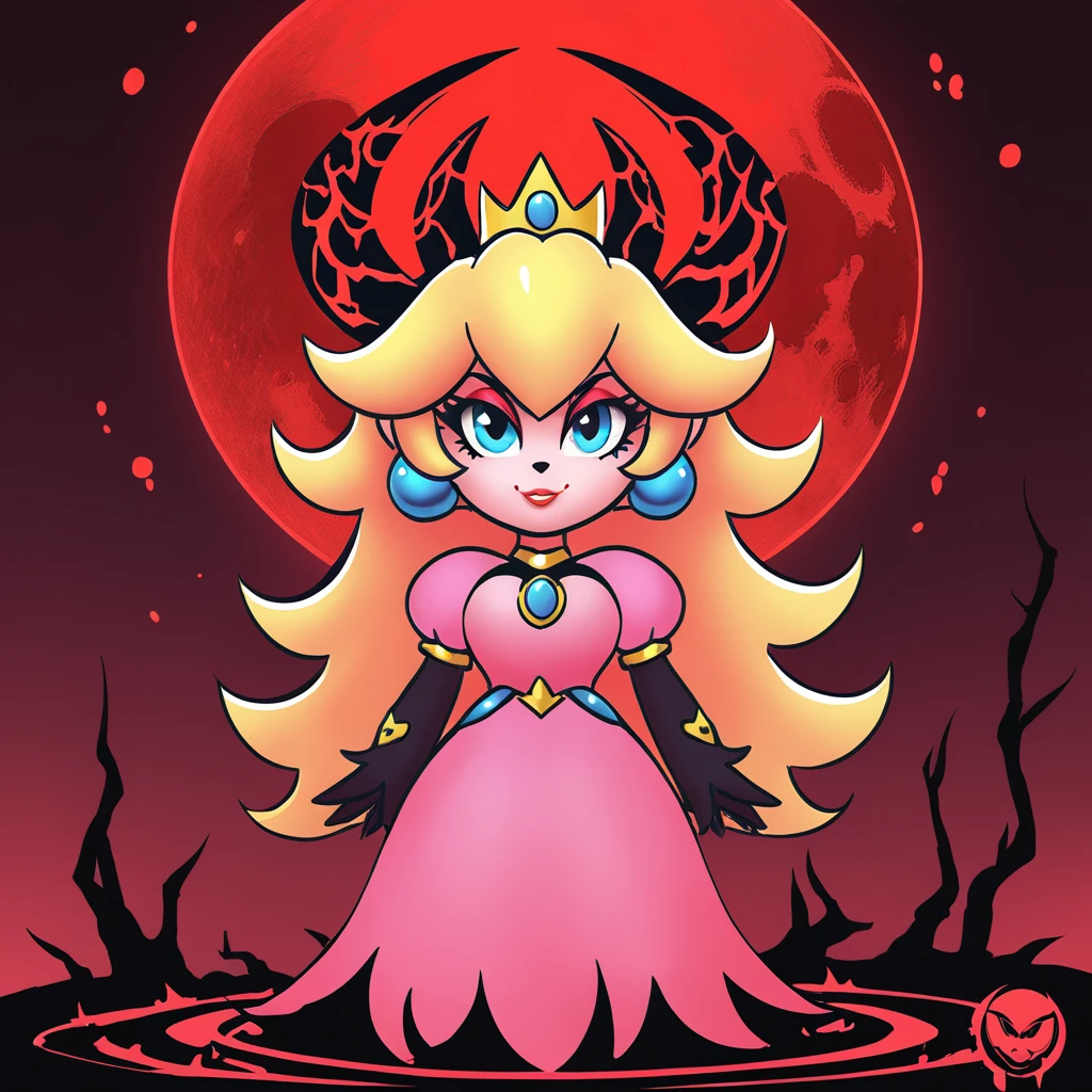 Princess Peach with demonic horns in blood moon art style
