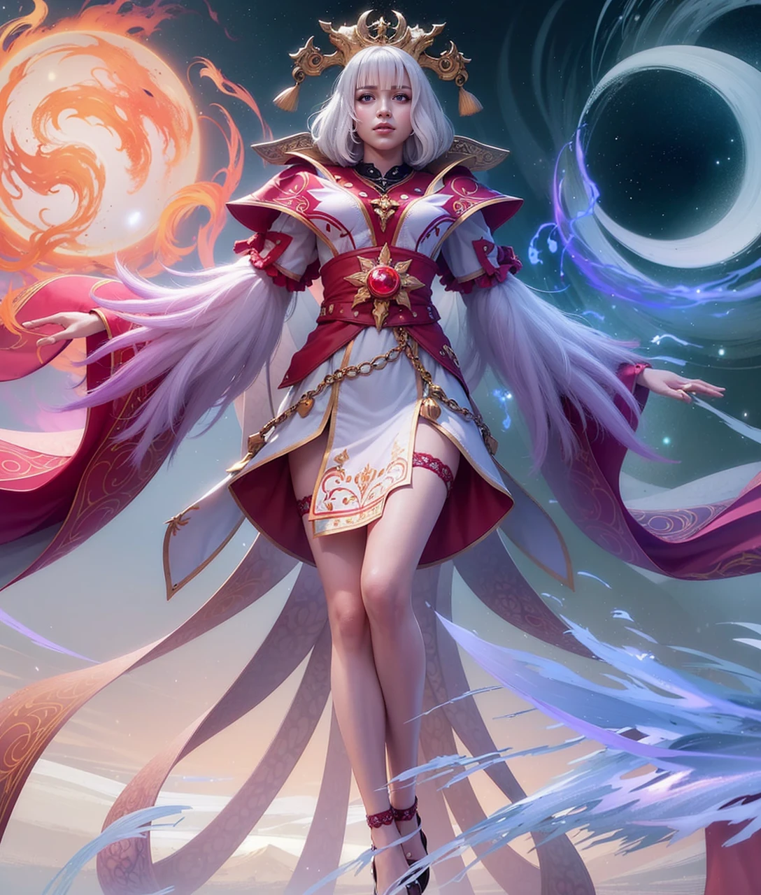 (female:1.2), 8k, ultra hd, ultra detailed texture, hyper realistic, masterpiece, detailed texture, detailed face, detailed skin, detailed lighting, (photorealistic:1.5), best quality, beautiful lighting, cinematic lighting, professional lighting, ultra highres, realistic, detailed hair, real hair, high quality, (realskin:1.5), extremely detailed, finely detail, ultra-detailed, 1girl, solo, floating, (yellow eyes), glowing eyes, red lips, v-shapped eyes, closed mouth, angry, colored skin, dark skin, purple skin, nose, pretty, beautiful, make up, evil smile, big breast, short hair, white hair bangs, large breasts, thigh, pauldrons, black pants, belt, purple coat, mechanical wings, armor shoulder, gloves, eudora \(mobile legends\), depth of field, looking aways, skin tight, amazing pose, glowing electric, lighting, cinematic background, elf ear