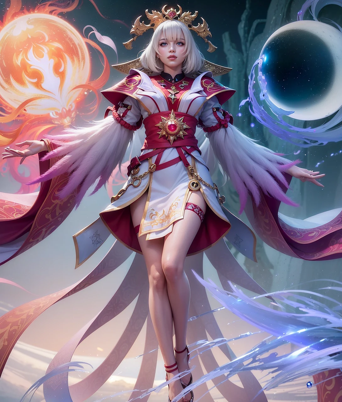 (female:1.2), 8k, ultra hd, ultra detailed texture, hyper realistic, masterpiece, detailed texture, detailed face, detailed skin, detailed lighting, (photorealistic:1.5), best quality, beautiful lighting, cinematic lighting, professional lighting, ultra highres, realistic, detailed hair, real hair, high quality, (realskin:1.5), extremely detailed, finely detail, ultra-detailed, 1girl, solo, floating, (yellow eyes), glowing eyes, red lips, v-shapped eyes, closed mouth, angry, colored skin, dark skin, purple skin, nose, pretty, beautiful, make up, evil smile, big breast, short hair, white hair bangs, large breasts, thigh, pauldrons, black pants, belt, purple coat, mechanical wings, armor shoulder, gloves, eudora \(mobile legends\), depth of field, looking aways, skin tight, amazing pose, glowing electric, lighting, cinematic background, elf ear