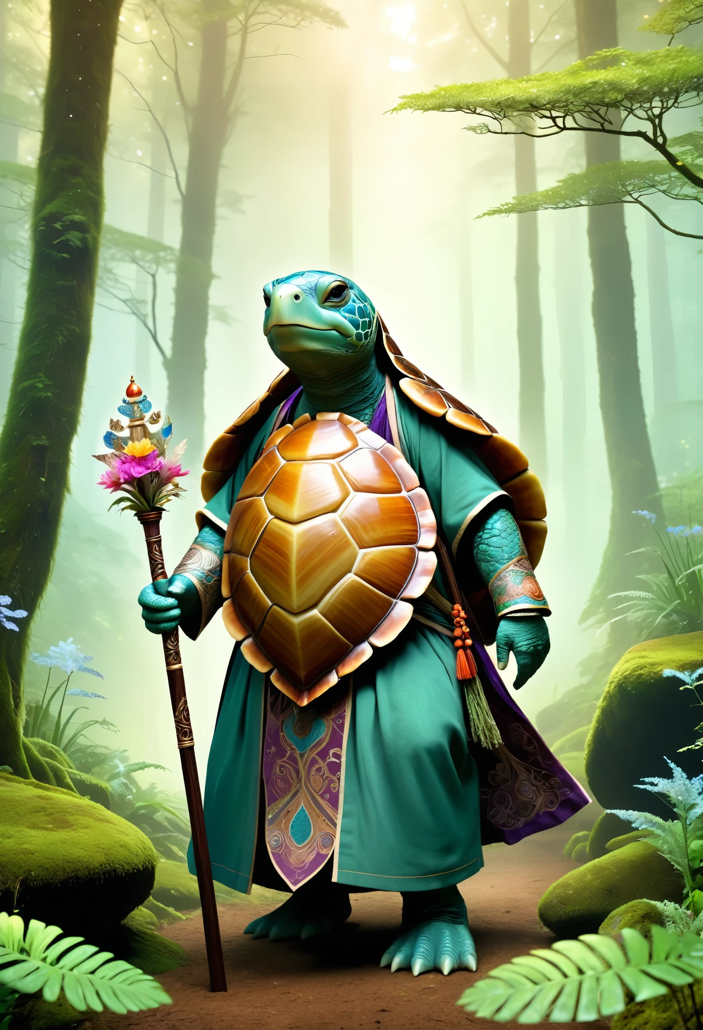 an anthropomorphic turtle with a large decorated shell, walking through a dense misty forest, the turtle is wearing a long flowing robe adorned with intricate patterns and holding a wooden staff, The shell is filled with various items including flowers and pouches, wandering sage, towering trees background, moss-covered rocks, soft ethereal light filtering through the forest canopy, a magical and serene atmosphere, 