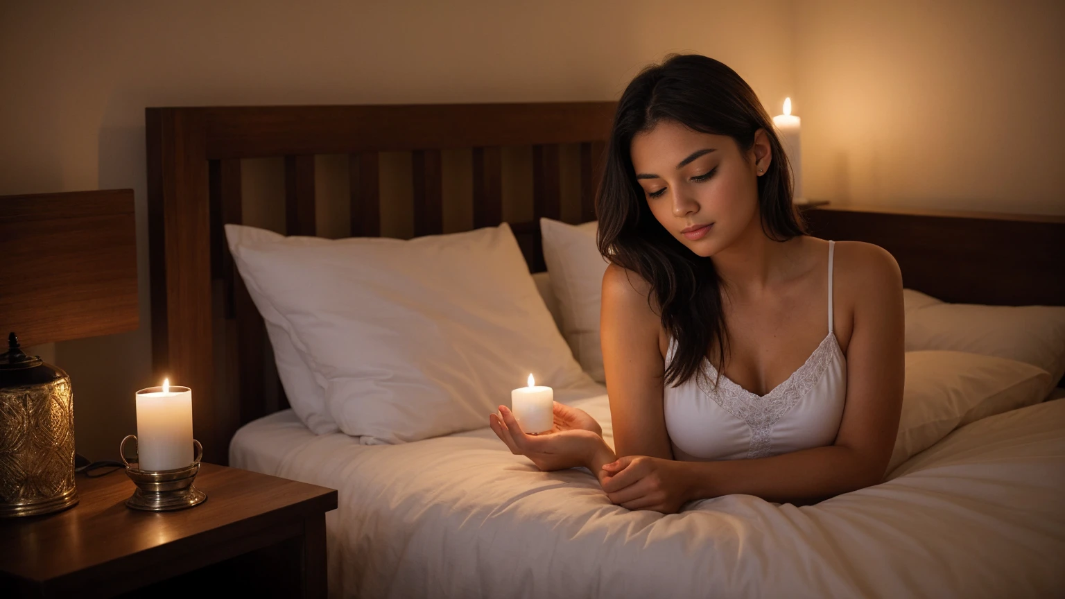 A man is sleeping in a bed and beautiful girls stand in front of the bed and She is holding a candle in her hands.