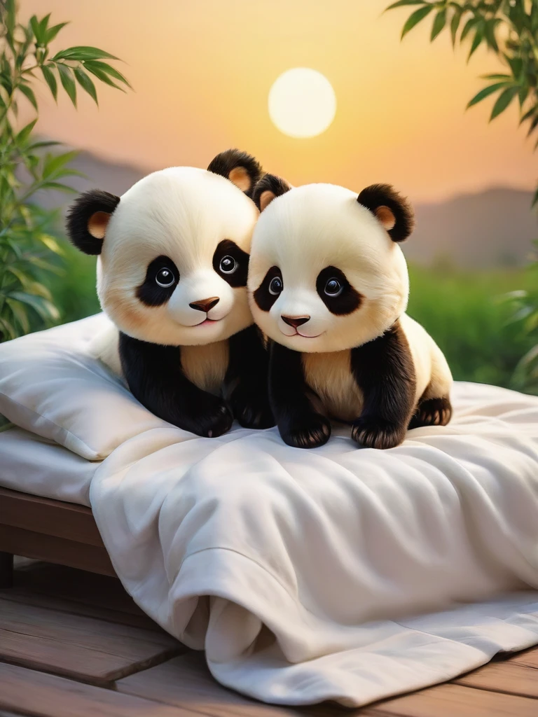 With the sunset in the background,(masterpiece:1.2, high quality), Several baby pandas sleeping together in bed、