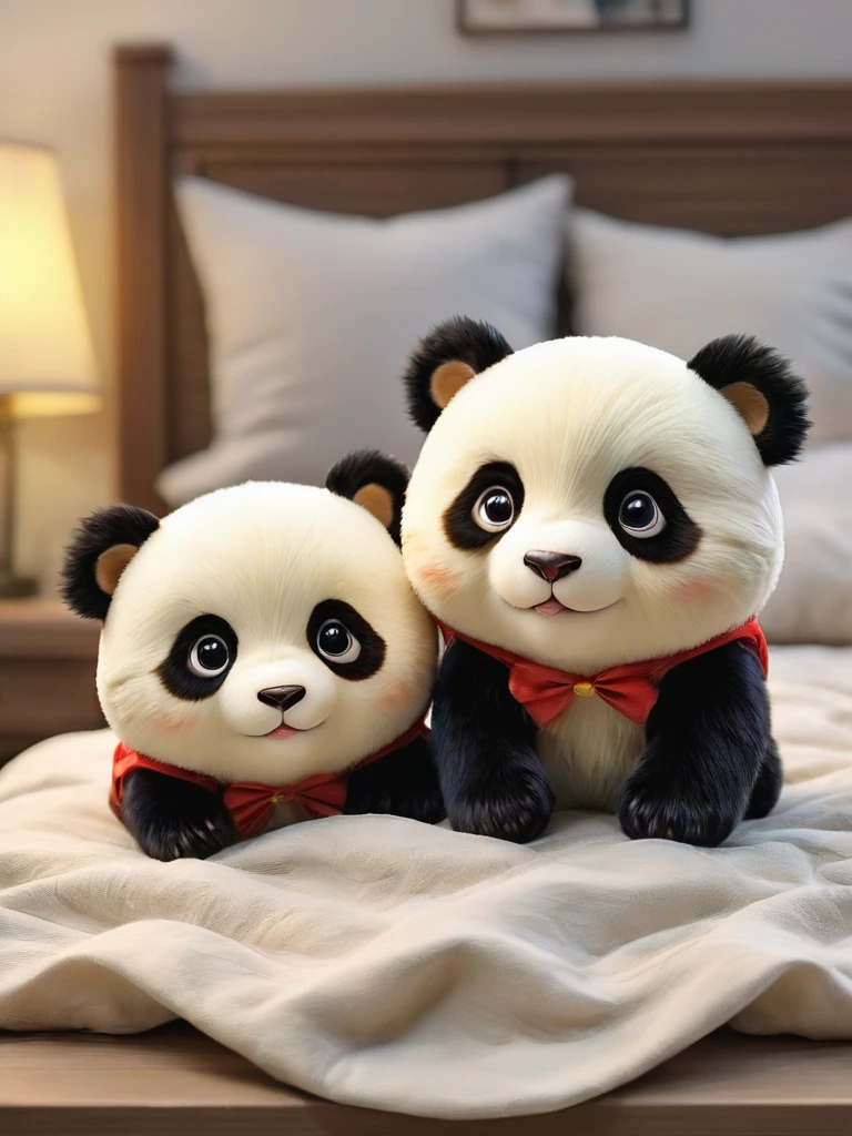 With the sunset in the background,(masterpiece:1.2, high quality), Several baby pandas sleeping together in bed、