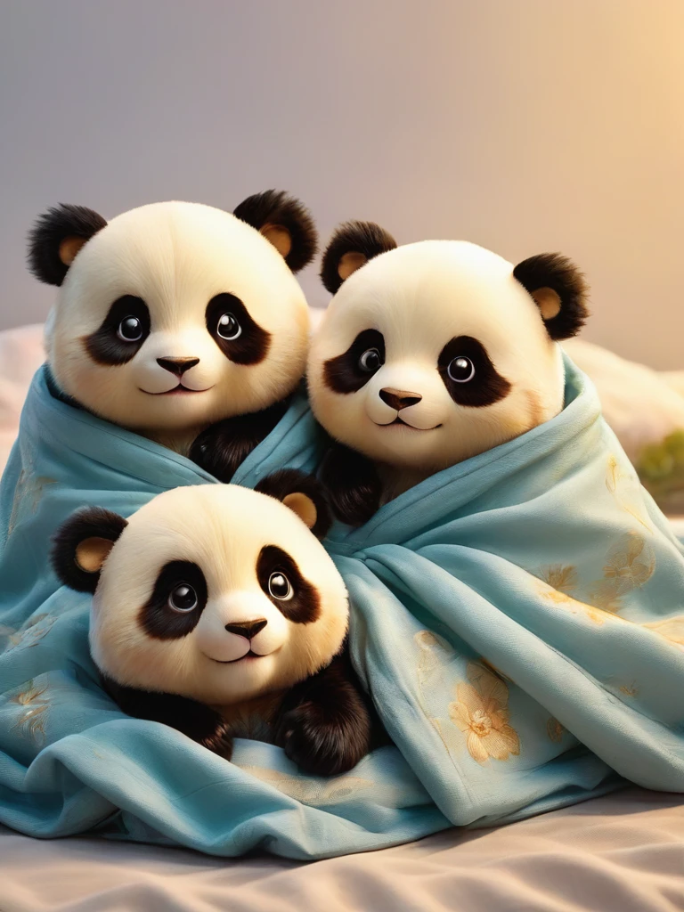 With the sunset in the background,(masterpiece:1.2, high quality), Several baby pandas sleeping together in bed、