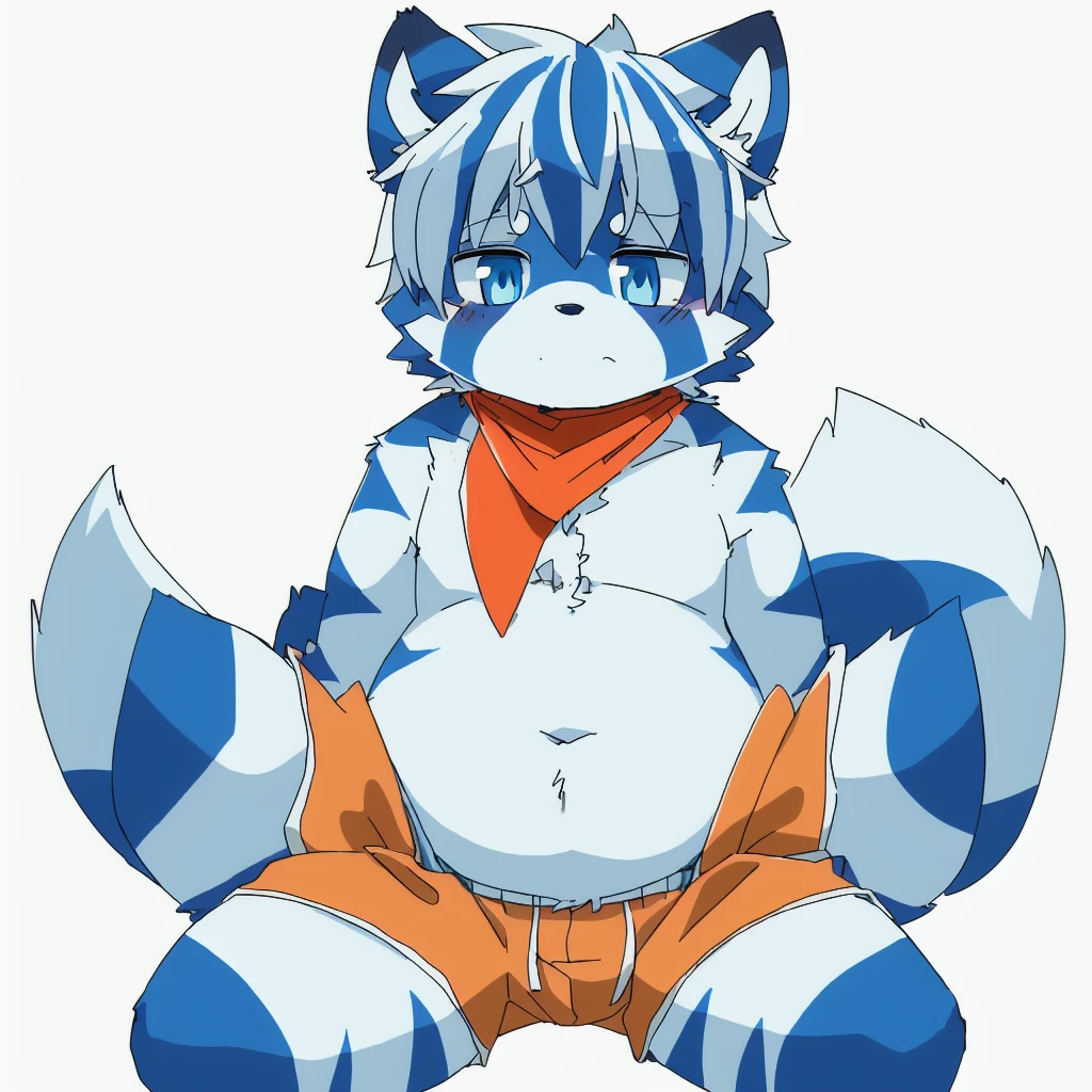 ((small)), ((small body)), ((10 years old)), ((young boy)), ((Furry)), ((kemono)), ((raccoon)), ((male)), ((has a fur in shades of blue and white)). ((The body is covered primarily in a light blue)), ((tail rings are a darker blue)). ((A deep, bright blue eyes)), ((Patterns: The chest and belly are pure white, with dark blue stripes that resemble the pattern of a zebra, but more subtle)). ((Ears: White with light blue tips)). ((Tail: The tail has alternating rings of light blue and dark blue)). ((Accessories: wears an orange bandana around his neck)), ((one subject)), ((1 character)), ((anime style)), ((simple white background)), ((orange shorts with white stripes)), ((sitting)), ((legs apart)), ((ashamed))