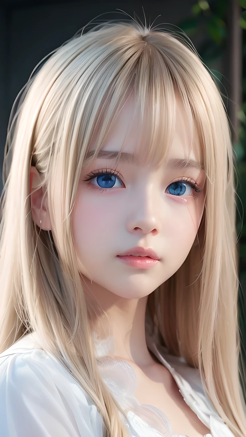 Dressed、(Photorealistic:1.4)、(ハイパーRealistic:1.4)、(Realistic:1.3)、(Smooth lighting:1.05)、(Improved cinematic lighting quality:0.9)、32k、1 Girl、A beautiful woman、Very cute expression、A beautiful 15 year old blonde girl、bangs that fall on the face、Bangs left over the eyeessy bangs between the eyes and nose、Realistic top lighting、Backlight、Face Light、Super long silky platinum hair、Blonde rays、(Bright light:1.2)、(quality improvement:1.4)、(Highest quality realistic textured skin:1.4)、Very beautiful, detailed, shiny, very bright, mint blue, large eyes、Very big eyes、Detailed face、A careful eye for quality、(Tired, sleepy and satisfied: 0.0)、Face close up、T-Shirts、(Enhances the body line:1.1)、(Enhances the beauty of skin texture:1.1)、Cheek gloss highlighter、Small Face Beauty、Round face