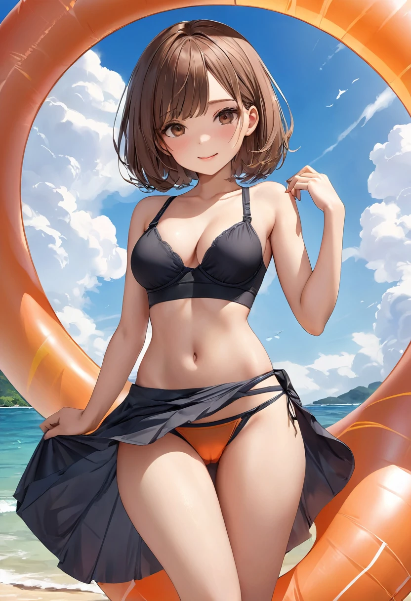 Cute age Girls, Height: about 160cm, Brown eyes, Bob Hair,Perfect body style、Inner tube bra、(Wear a vest as an outerwear)、Wearing a loincloth、Underskirt visible through loincloth、 masterpiece, 最high quality, 超high quality, high quality, High resolution, ultla High resolution, Absurd, 4K, 8K, 16K, Very detailed, Complex, Great shading, High Contrast, Realistic, photo Realistic, RAW Photos, photo shoot, Super detailed illustrations, shortening, Perfect Anatomy, Correct Anatomy, Perfect proportions, Perfect Face, Perfect hands, Perfect Legs, Perfect Fingers